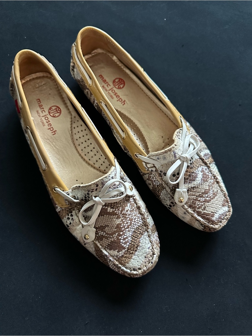 Marc Joseph Women's Snake-Print Leather Driving Loafers in Tan 6